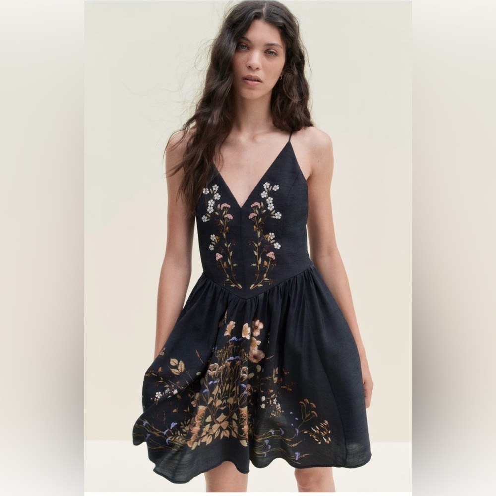 H&M Black Dress with‎ Floral Embroidery